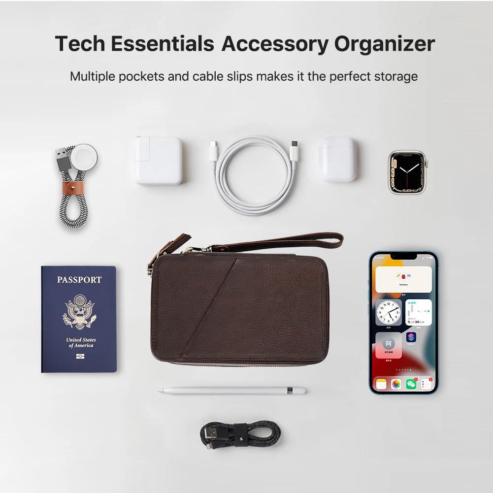 Sac de rangement portable en cuir véritable pour câble de données USB, étui pour écouteurs, accessoi