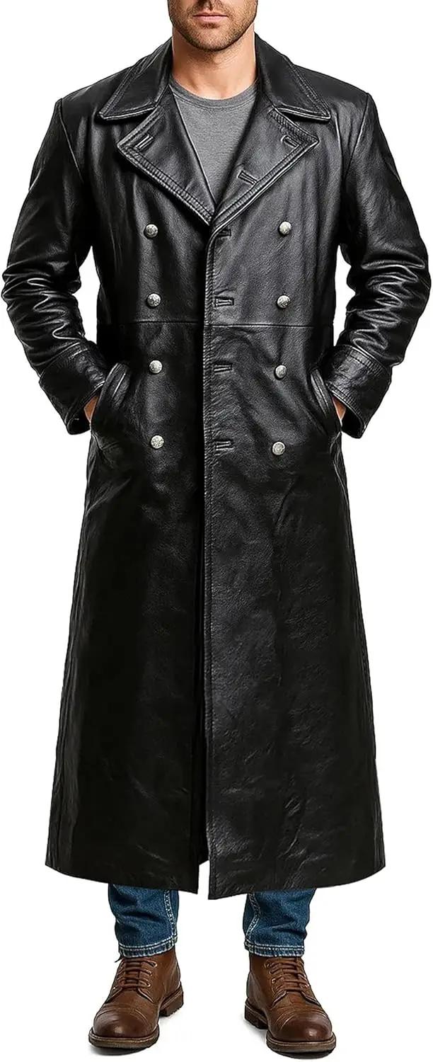 Trench-Coat long en cuir noir pour hommes, marine impériale, U-Boat, sous-marin, capitaine, veste en