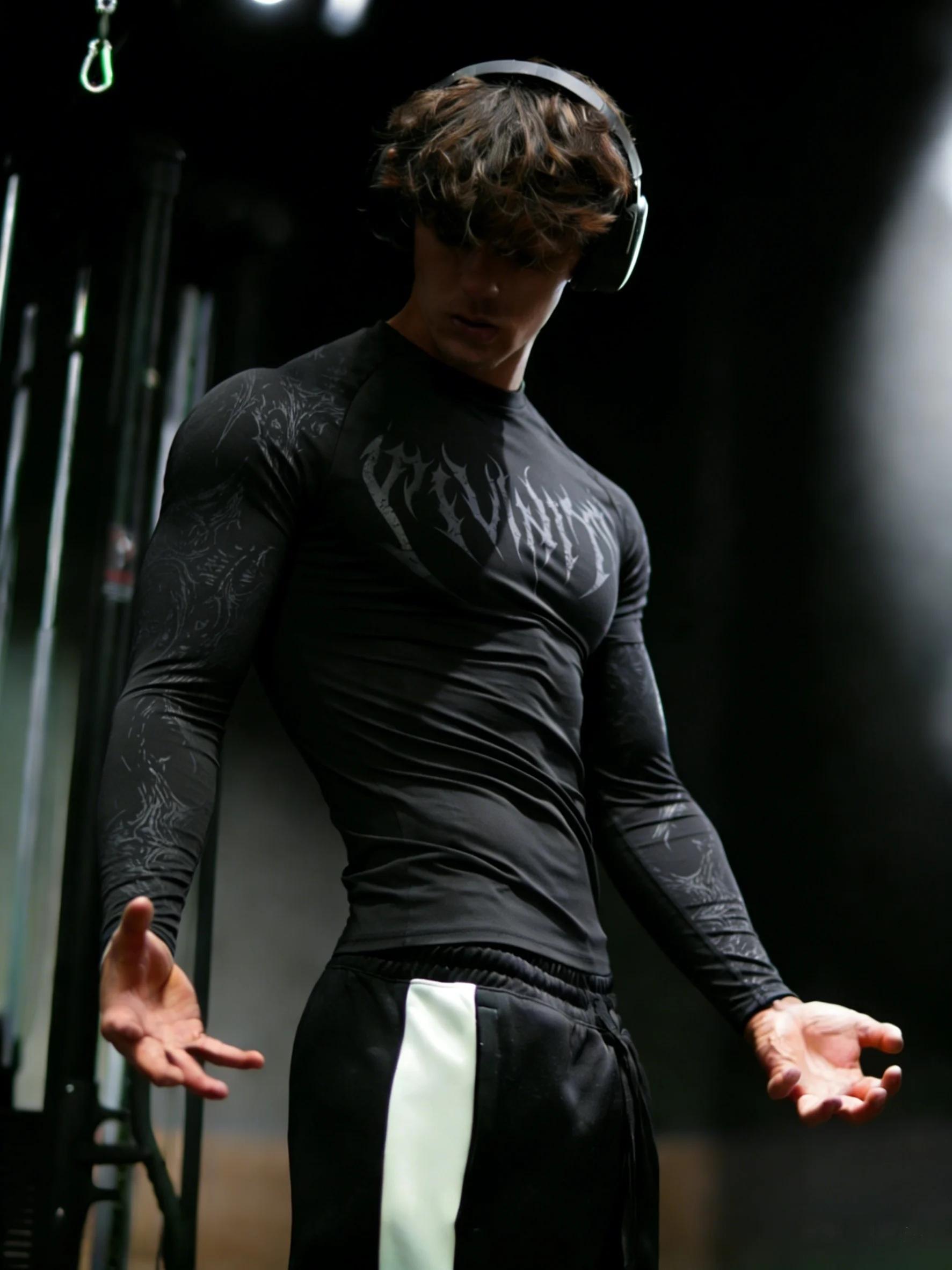 T-shirt à manches longues pour homme, séchage rapide, haute élasticité, coupe ajustée, style gothiqu