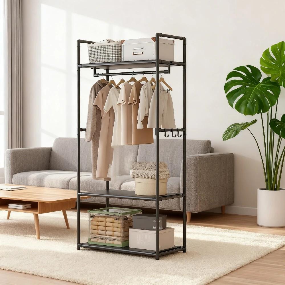 Support de rangement pour vêtements avec roulettes, crochets et étagères, organisateur peu encombran