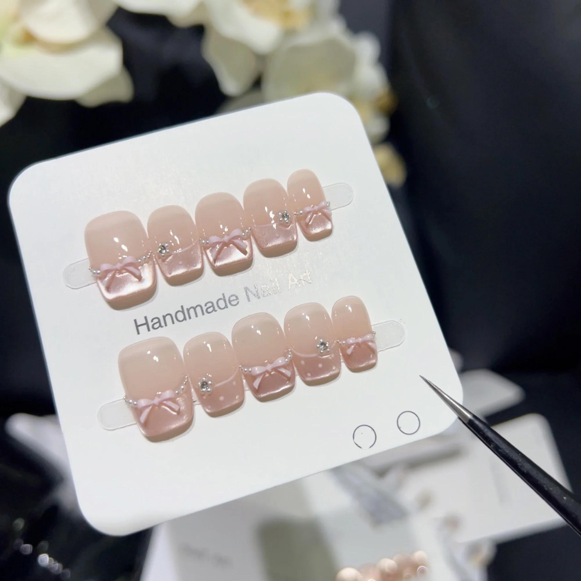 10 pièces haut de gamme style princesse français pur et sensuel, faux ongles faits à la main avec nœ