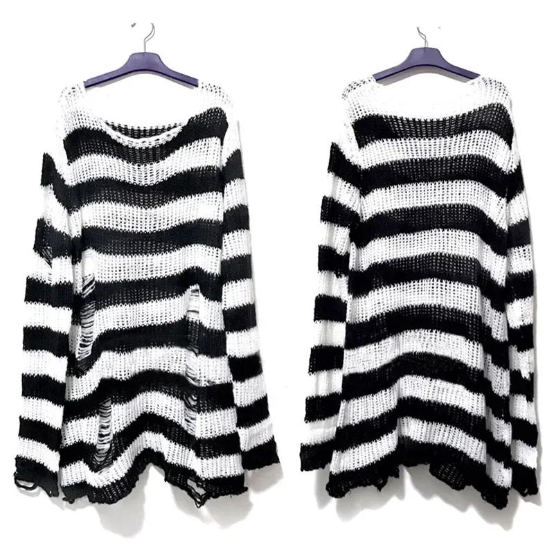 Nouveau automne Punk gothique Long unisexe pull femmes rayé Cool évider trou cassé pull ample Rock m