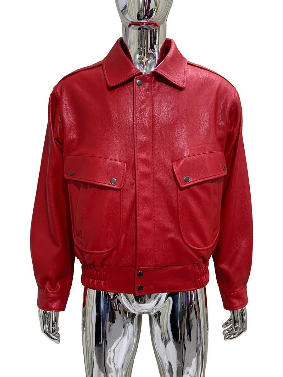 Veste courte en cuir Pu pour hommes, Cool, jaune vif, col rabattu, rouge, luxe, mode européenne, vêt