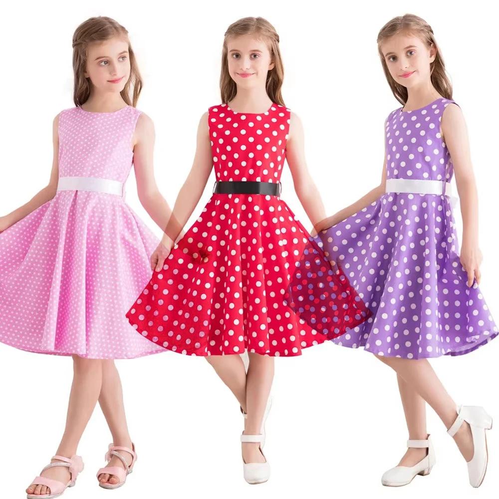 Robes en coton à pois vintage rétro pour filles, robes trapèze, jupe plissée, longueur genou, robe d