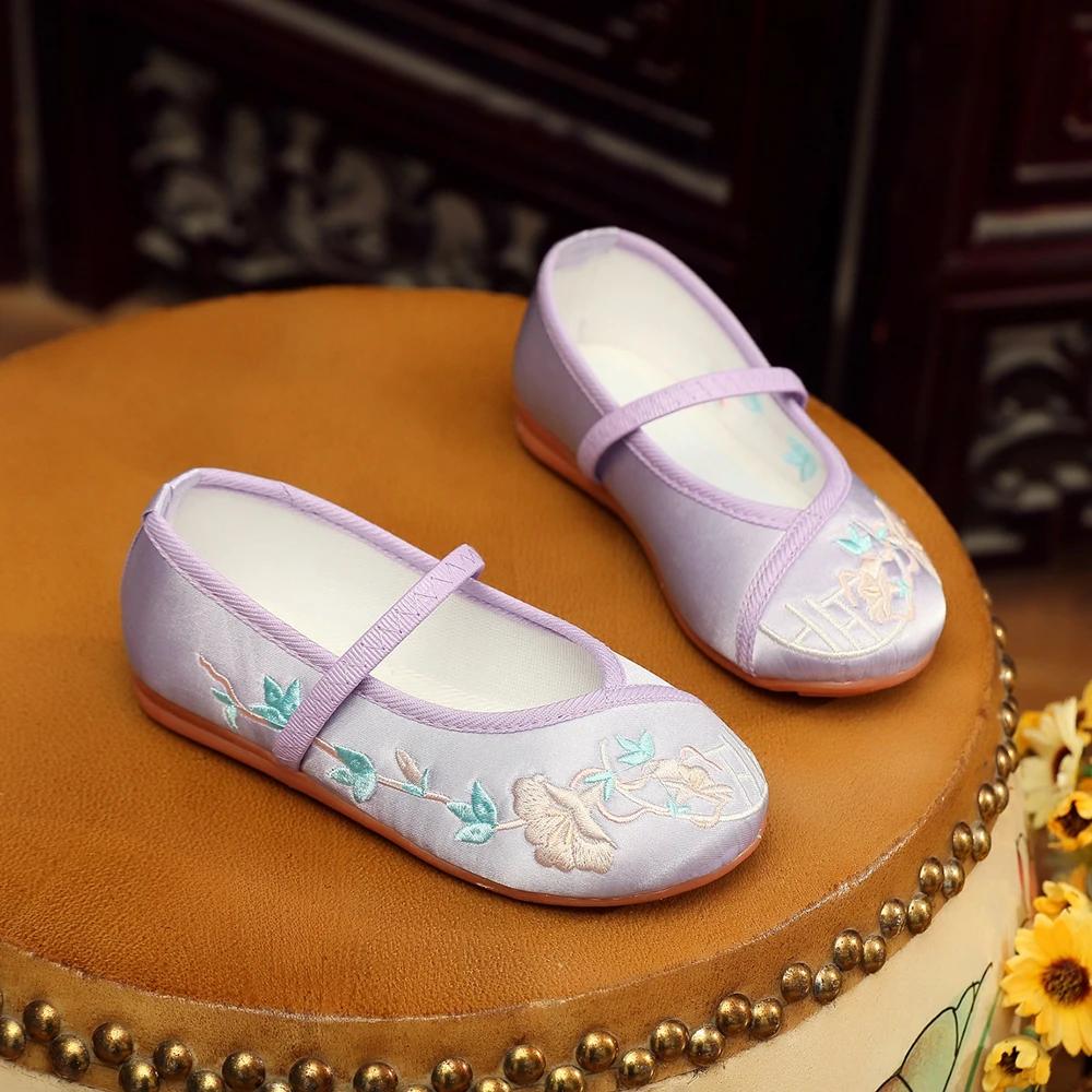 Chaussures de danse ethniques brodées de style traditionnel chinois pour enfants, semelle en cuir so