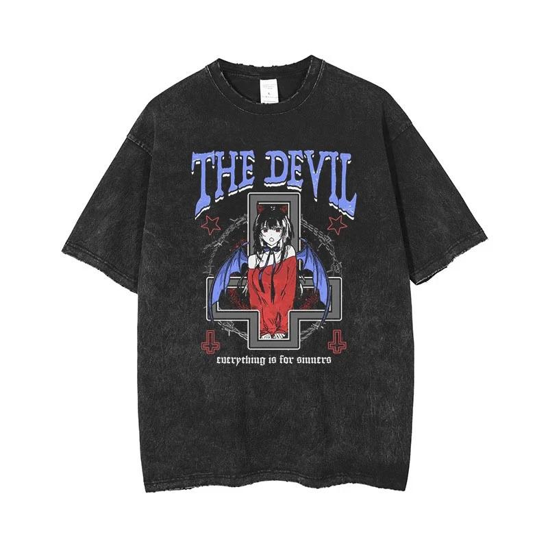 Anime hommes t-shirts gothique imprimé T-Shirt Hip Hop Streetwear Punk été Vintage lavé surdimension