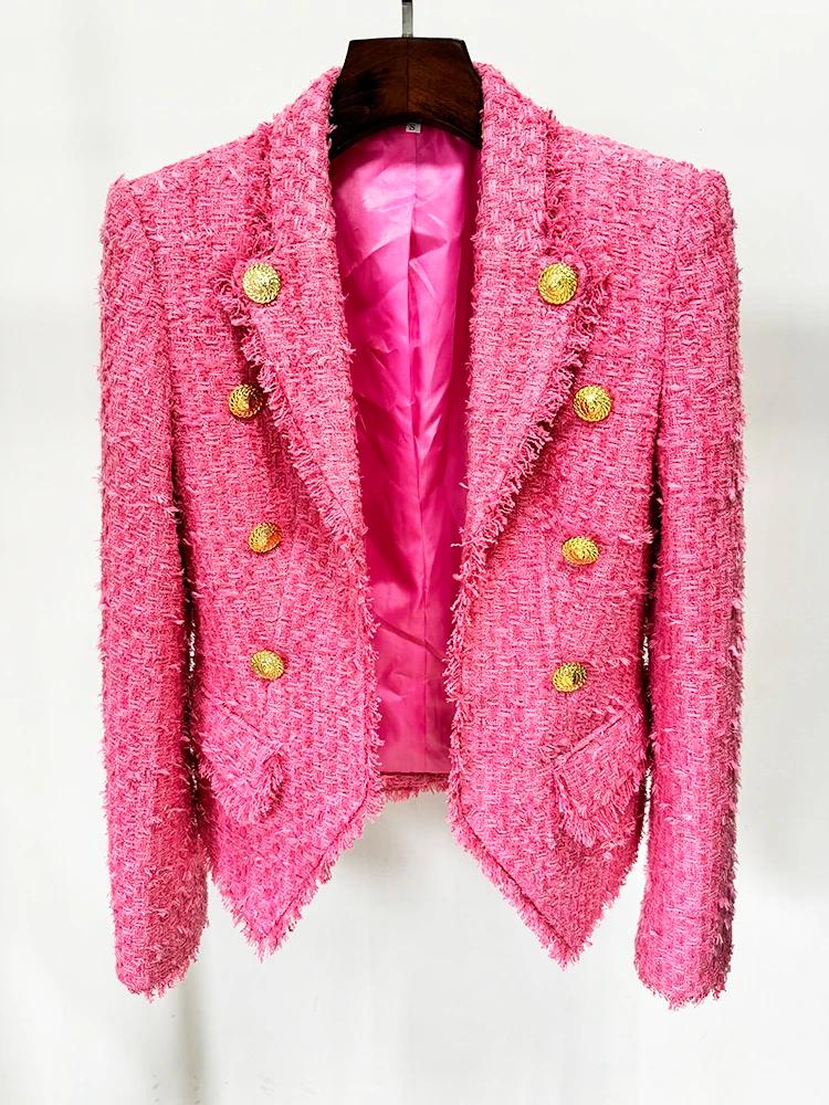 HIGH STREET Nouveauté 2026 FW Blazer en tweed pour femme, coupe ajustée, à franges et pompons, de cr