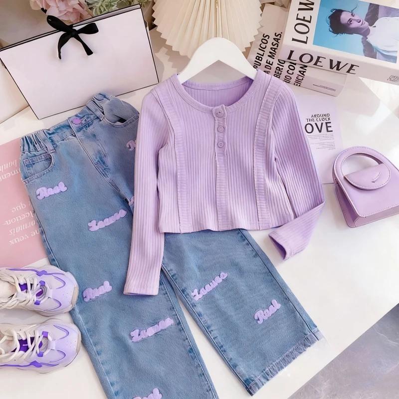 Ensemble de vêtements pour filles de 3 à 10 ans, printemps automne, couleur unie, haut à manches lon