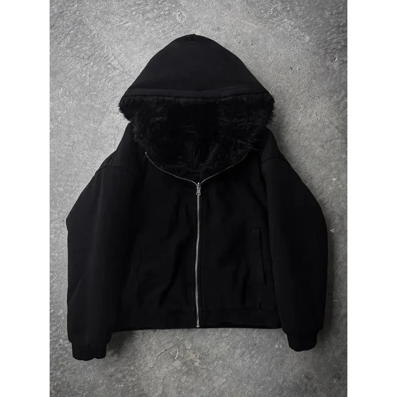 Manteau Parka surdimensionné en fausse fourrure pour homme, épais et chaud, noir, réversible, avec c