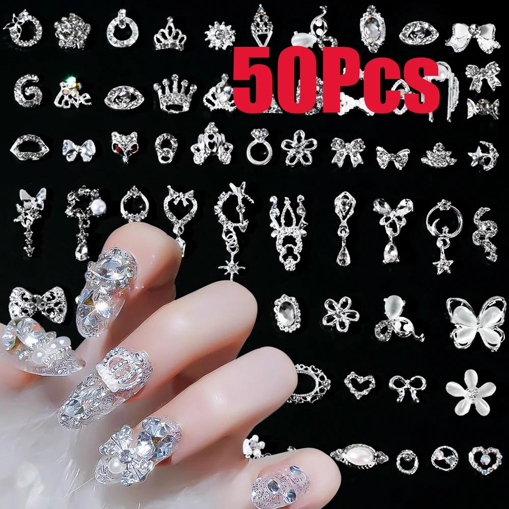 Breloques pour ongles en métal, nœud papillon/couronne en argent 3D, avec pendentif pompon, papillon
