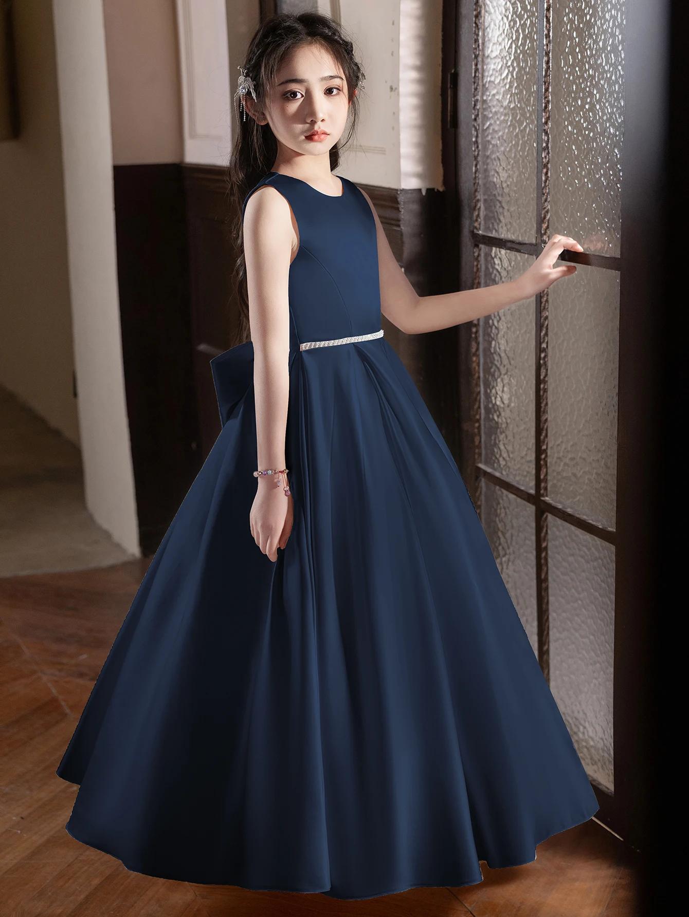 Robe longue bleu roi pour adolescente, robe de soirée, robe de demoiselle d'honneur avec grand nœud,