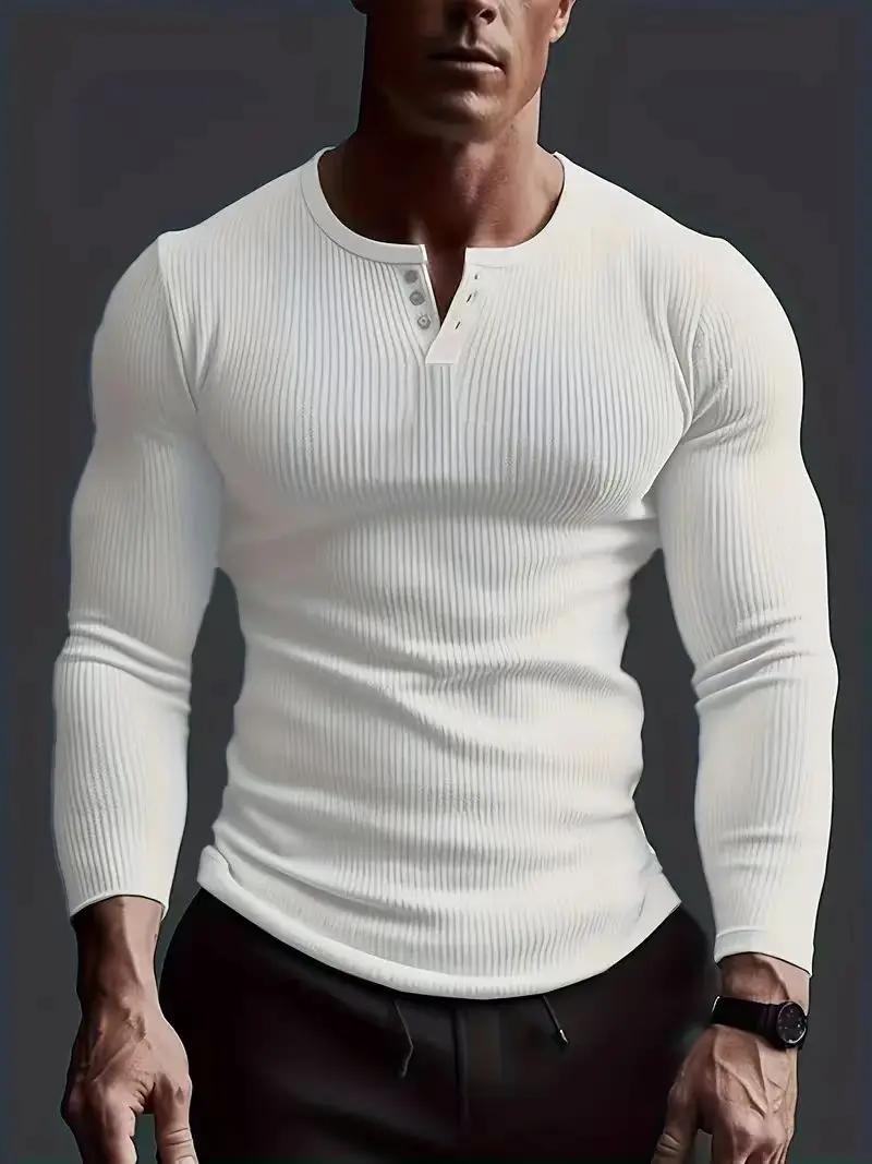 Automne hommes sans col boutonnage Henry petit haut Fitness haute Stretch Base chemise couleur unie