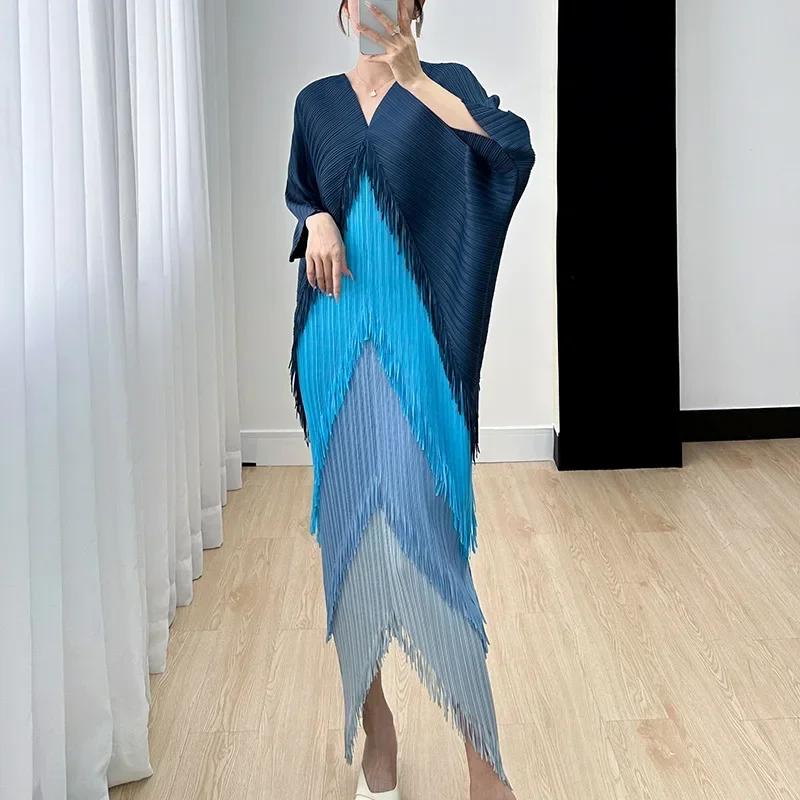 Robe plissée à franges pour femme, col en V, manches chauve-souris, épissure, mode, printemps, été,