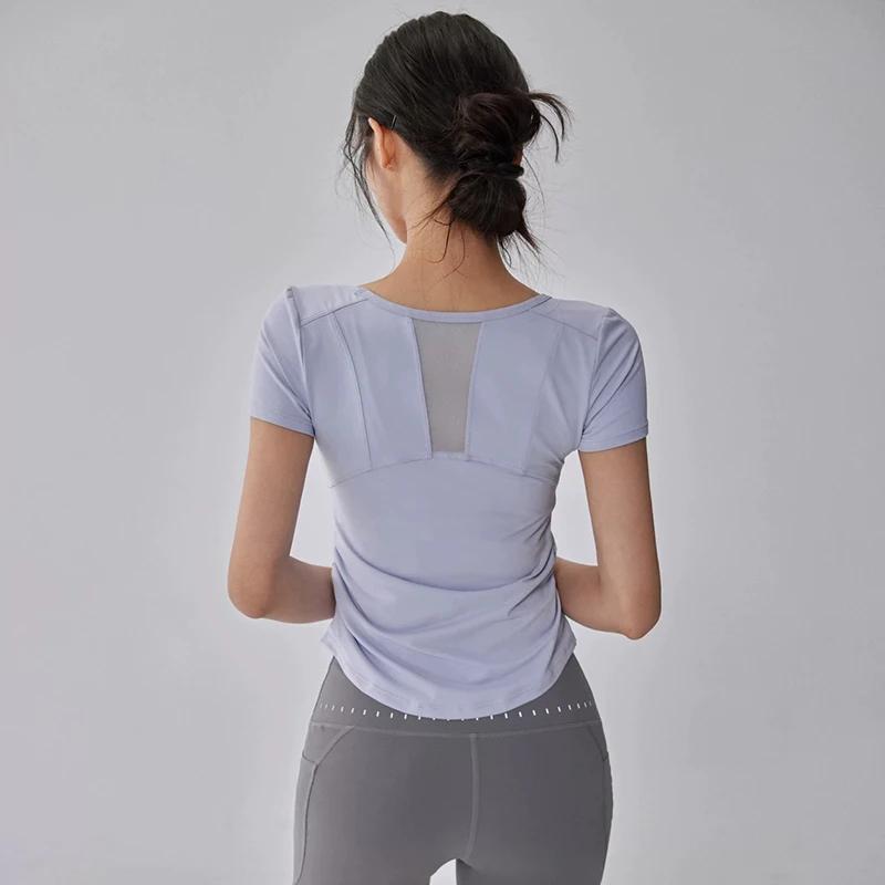Haut de sport de Yoga d'été pour femmes, manches courtes, taille plissée, maille épissée, T-Shirt de