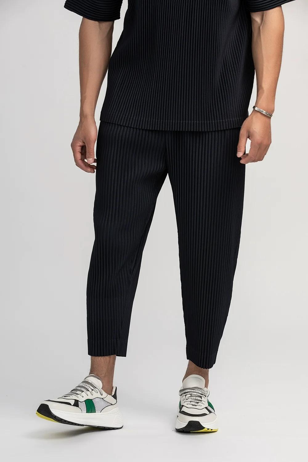 Miyake plissé pantalon droit hommes vêtements noir crayon pantacourt vêtements de rue hommes Style j