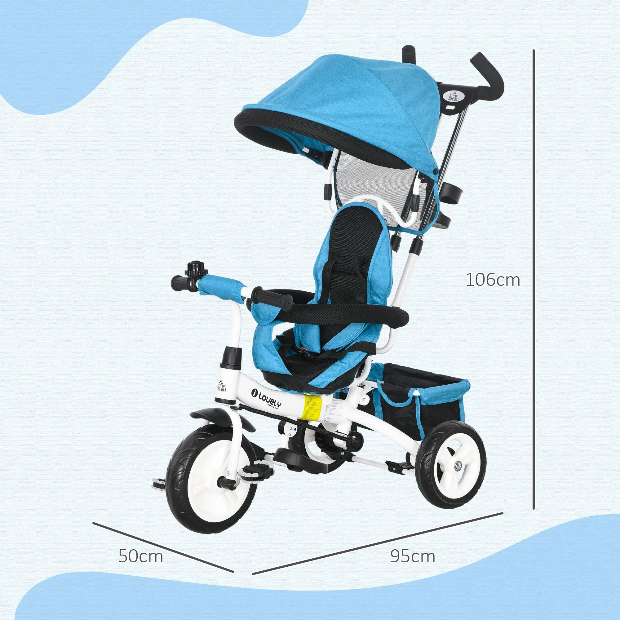 Tricycle évolutif Homcom pour enfants +12 mois avec auvent pliable, poignée télescopique et ceinture