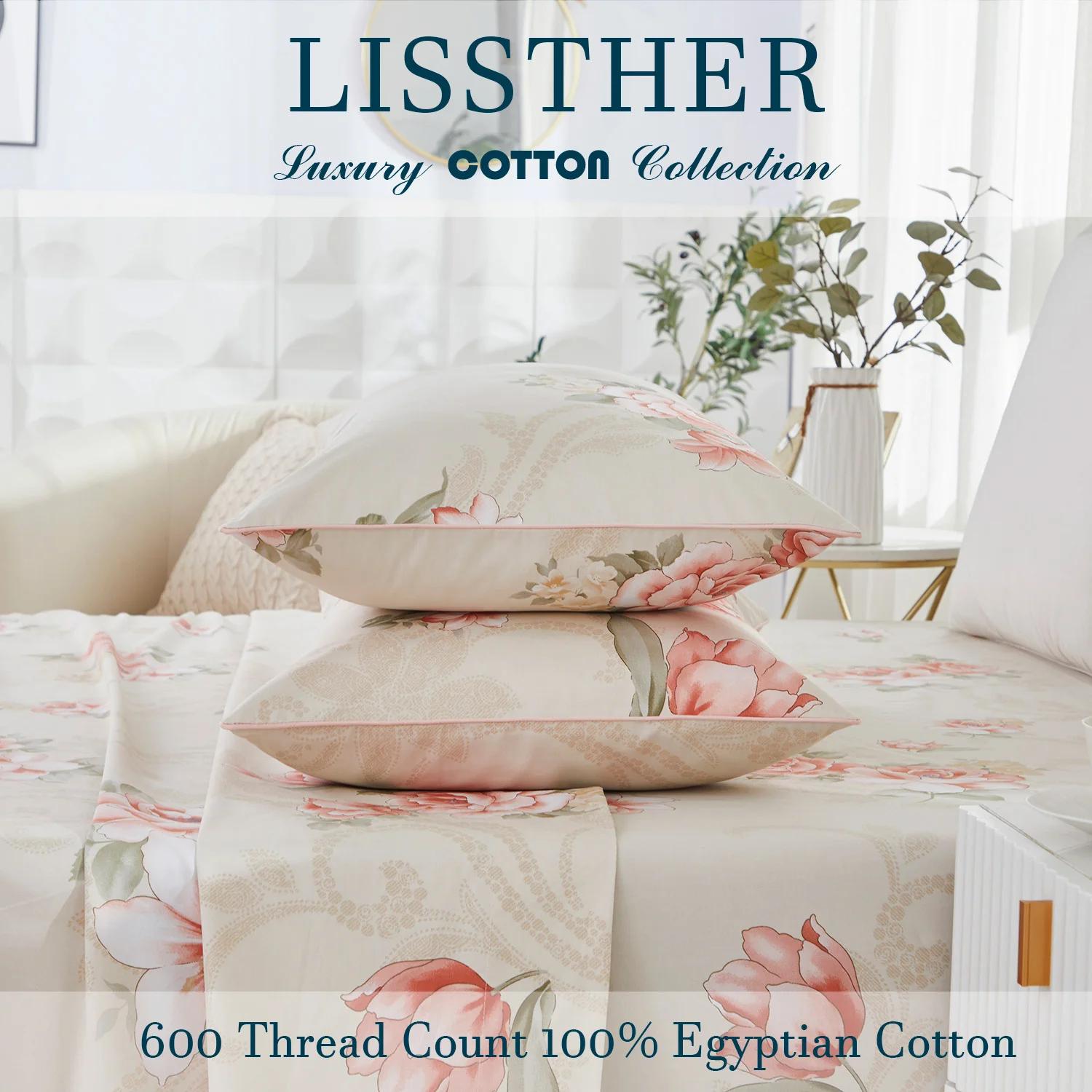 Ensemble de housse de couette 100% coton égyptien 600TC, 3 pièces, motif Rose floraison, doux pour l