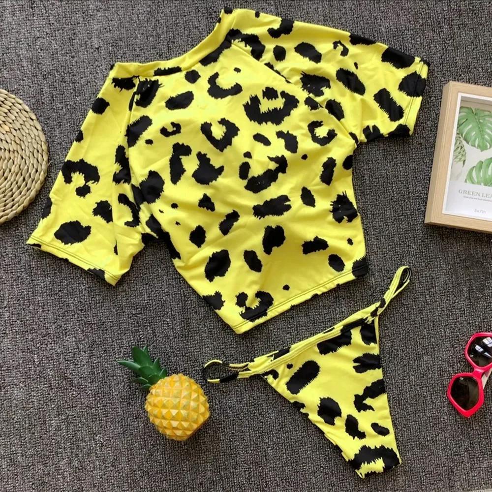Maillot de bain deux pièces sexy 4 couleurs pour femme, à manches courtes, noué, uni, tenue de plage
