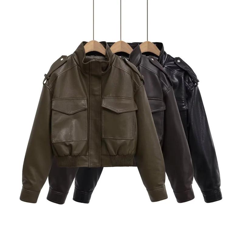 ETJ 2025 Nouvelle collection femme : veste courte moto col montant Y2K grande poche veste en simili