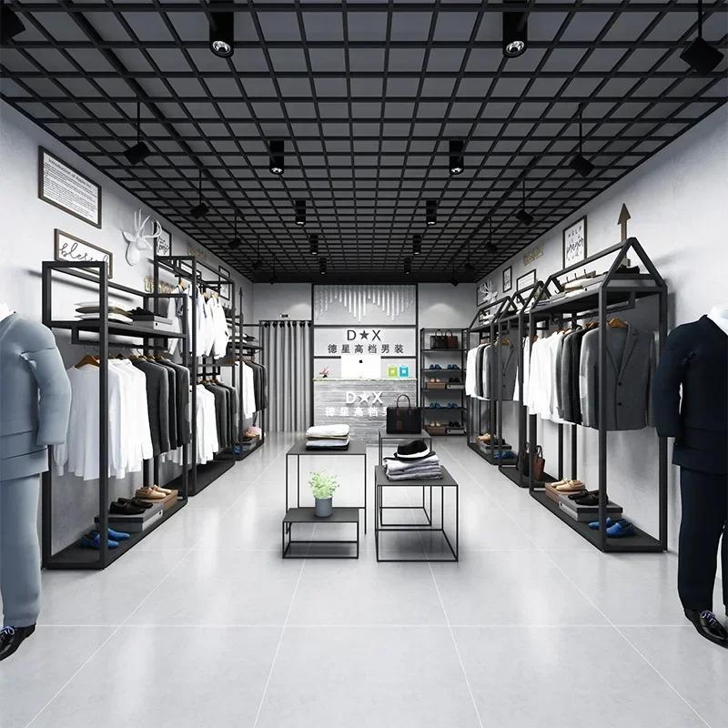 Étagère de présentation pour magasin de vêtements pour hommes, noire, double niveau, sur pied, pour