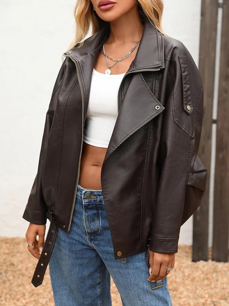 Ailegogo nouveau printemps automne femmes Streetwear rétro ample veste en simili cuir Moto Biker fem