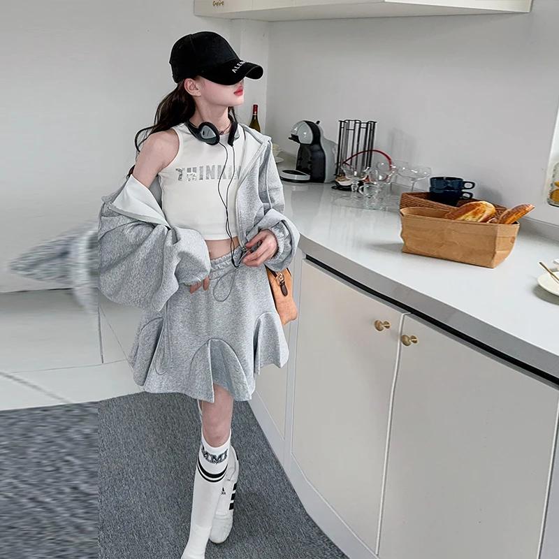 Ensemble de vêtements JK gris pour adolescentes, sweat-shirt à capuche avec lettres + jupe queue de