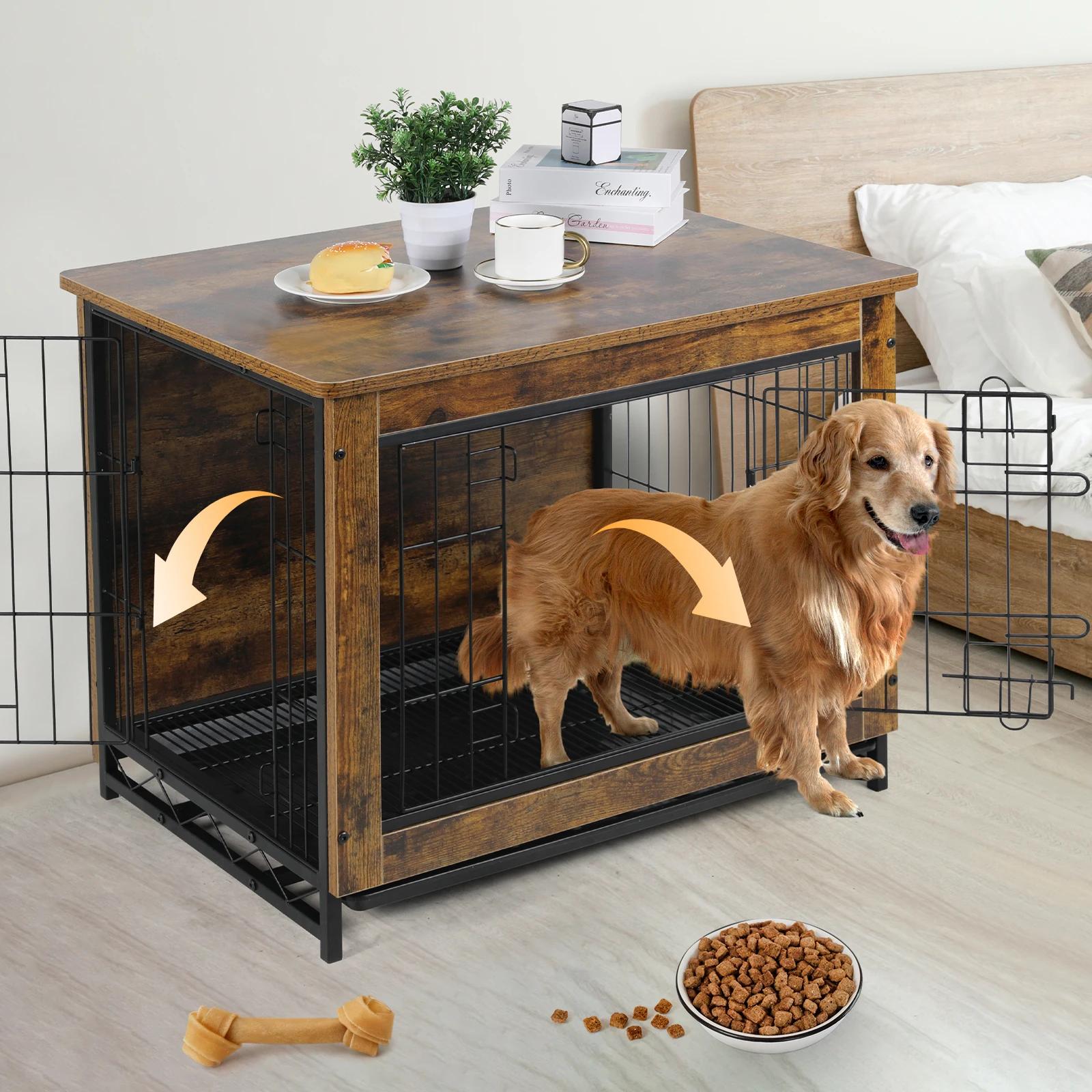 AOOU-Table d'appoint moderne en bois pour chien avec doubles portes, chenil pour chien, meubles de c