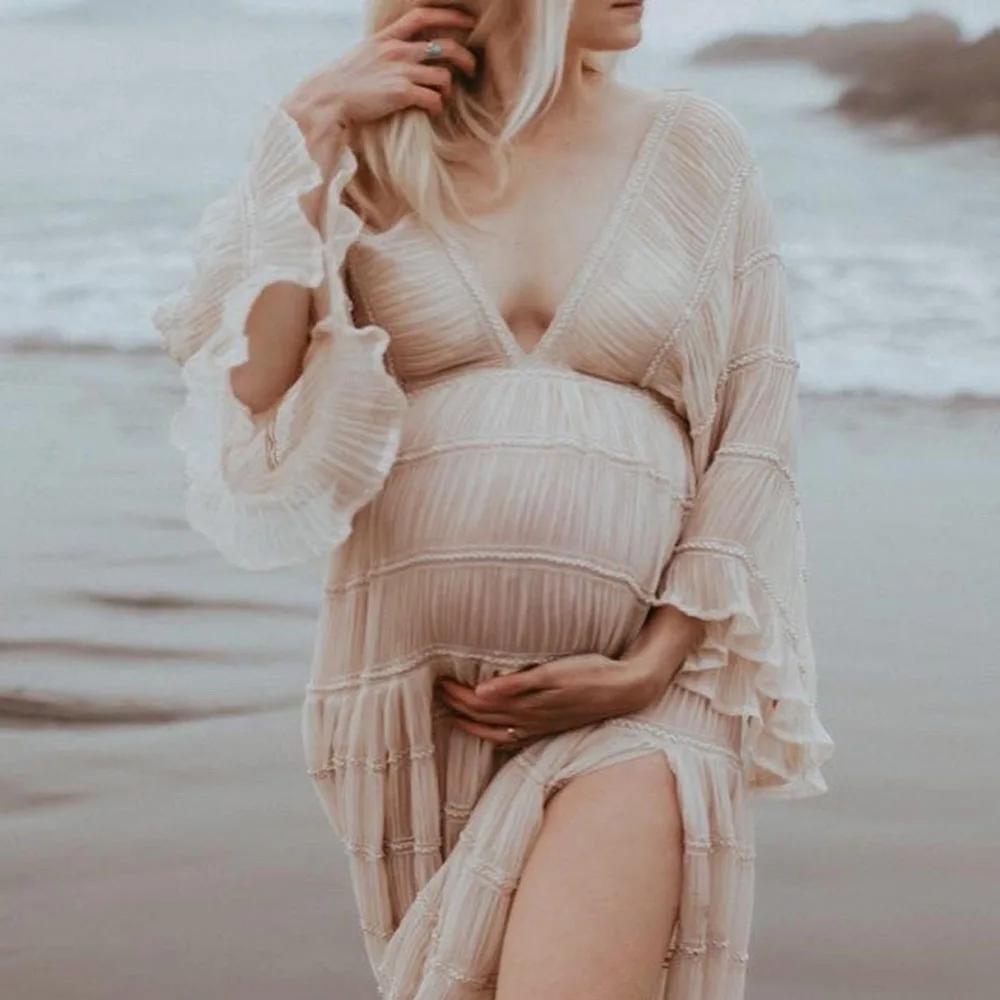 Robe bohème en mousseline de soie plissée à manches longues pour femmes enceintes, robes d'alter pou