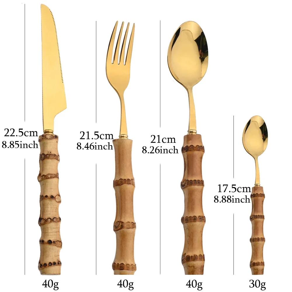 24 pièces ensembles de vaisselle en bambou ensemble de couverts en bambou en acier inoxydable poigné