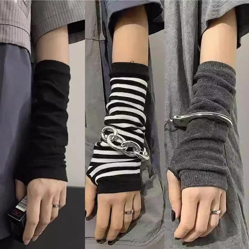 Y2K gothique Lolita gants bras couverture Harajuku chauffe-bras noir gris rayé sans doigts Punk long