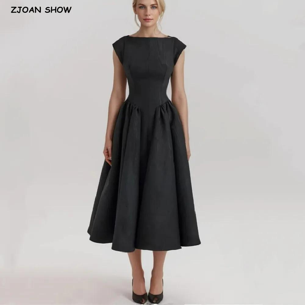 Robe mi-longue taille basse à manches courtes pour femmes, col slash sexy, dos nu évidé, robe trapèz