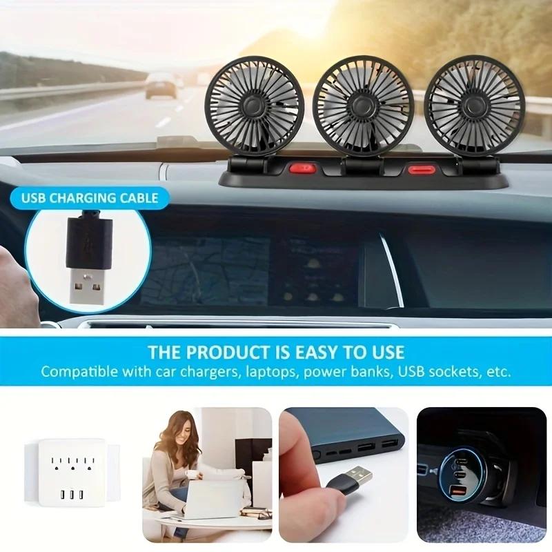 Ventilateur de voiture à trois têtes, USB, 3 vitesses réglables, rotation résistante à 360, adapté a