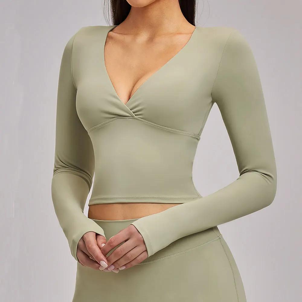T-shirts de yoga pour femmes, coupe ajustée, manches longues, vêtements de sport, de fitness, de cou