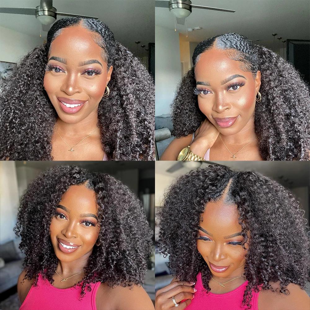 Kinky Curly V Part Perruque de cheveux humains pour femme, sans laisser de côté, partie fine, perruq