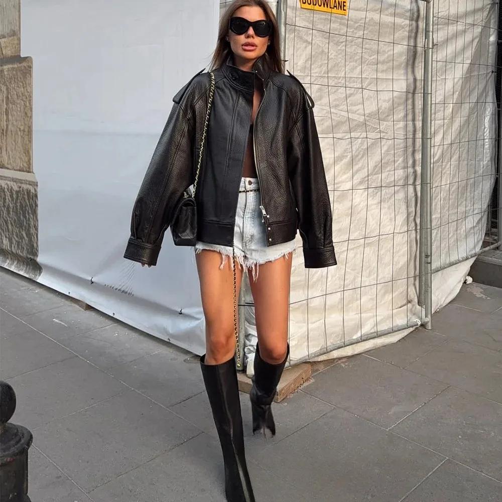 KONDALA Chic vestes en cuir noir boutons de fermeture éclair manteaux surdimensionnés mode 2025 auto