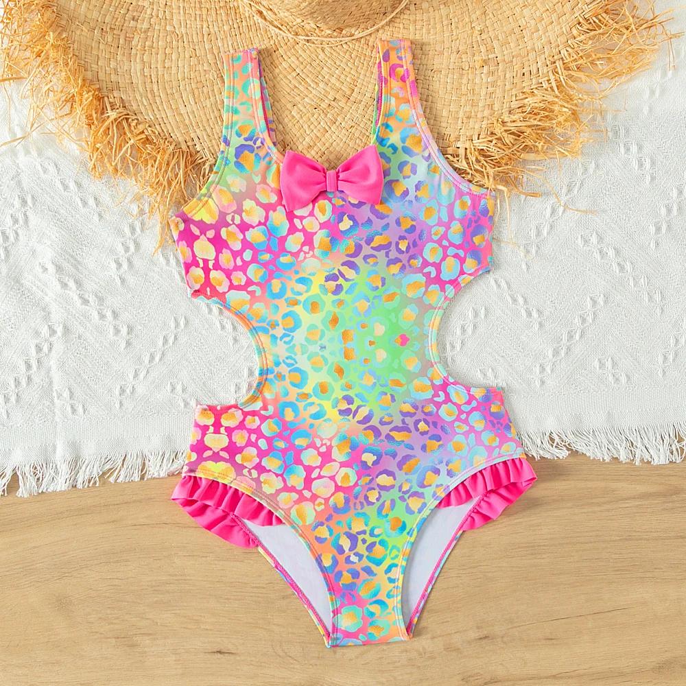 Maillot de bain une pièce pour filles, lumineux et coloré, avec nœud à volants, pour adolescentes, v