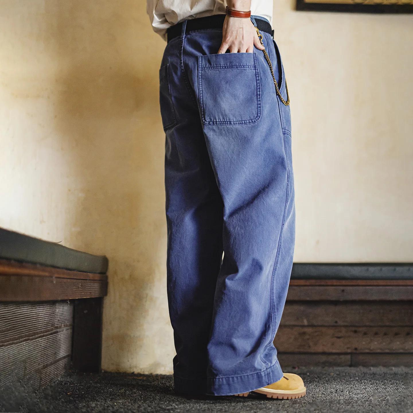 Maden – jean vintage en coton délavé pour hommes, pantalon de travail en toile bleue avec fermeture