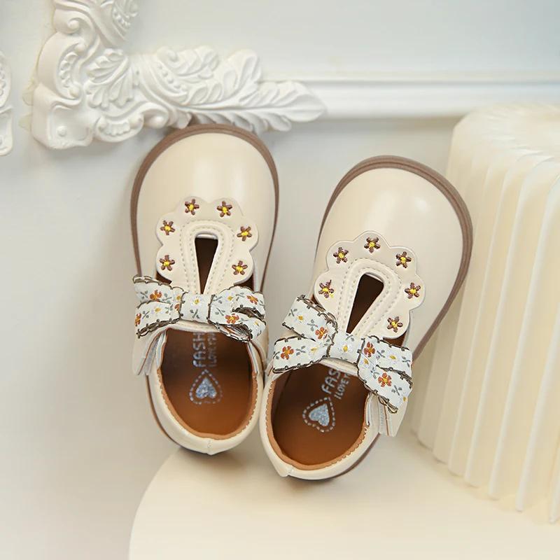 Chaussures en cuir avec nœud mignon pour filles, Oxfords à lanières en T, souples, pour enfants d'éc