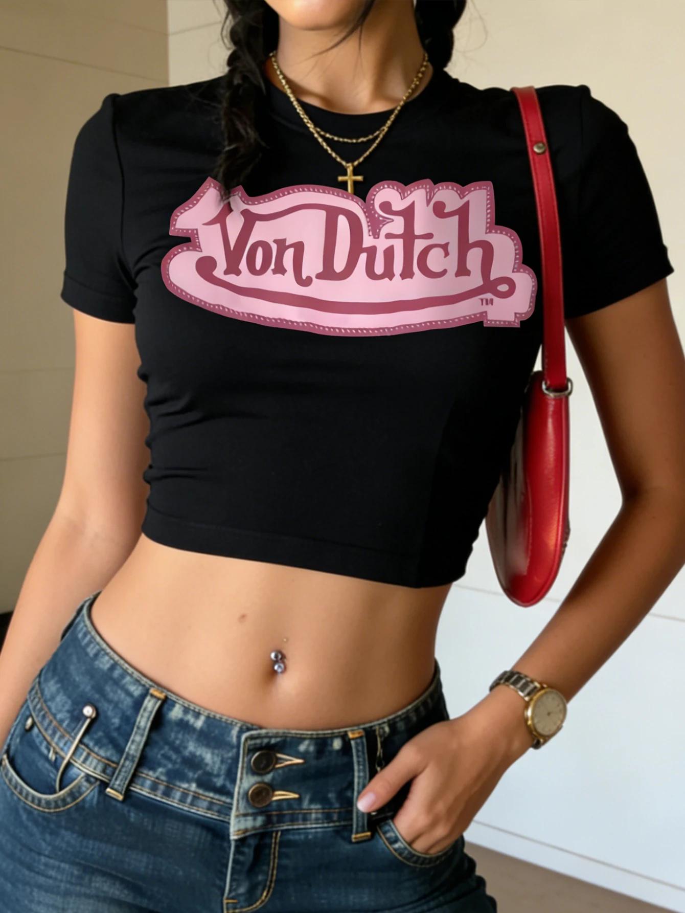 T-shirt à manches courtes pour femme, col rond, imprimé lettres rétro - T-shirt décontracté à rayure