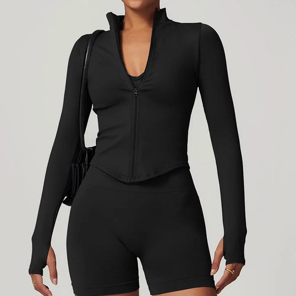Veste à fermeture éclair pour femmes, haut court, T-shirts de Yoga, haut de Sport solide, chemises d