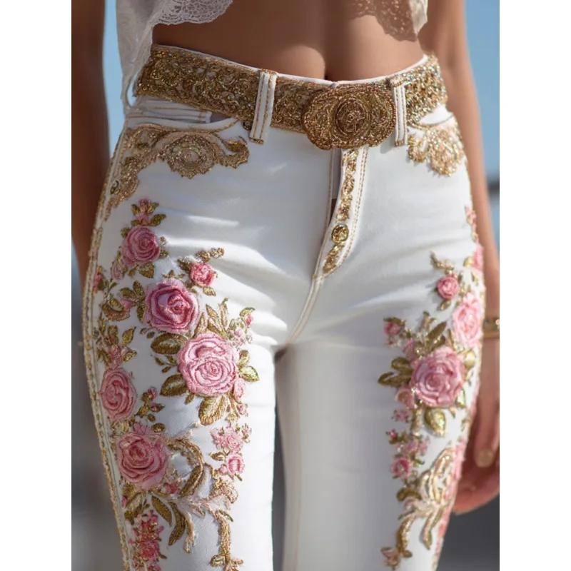 Jeans à jambes droites à imprimé floral pour femmes, style européen et américain, pantalon en denim