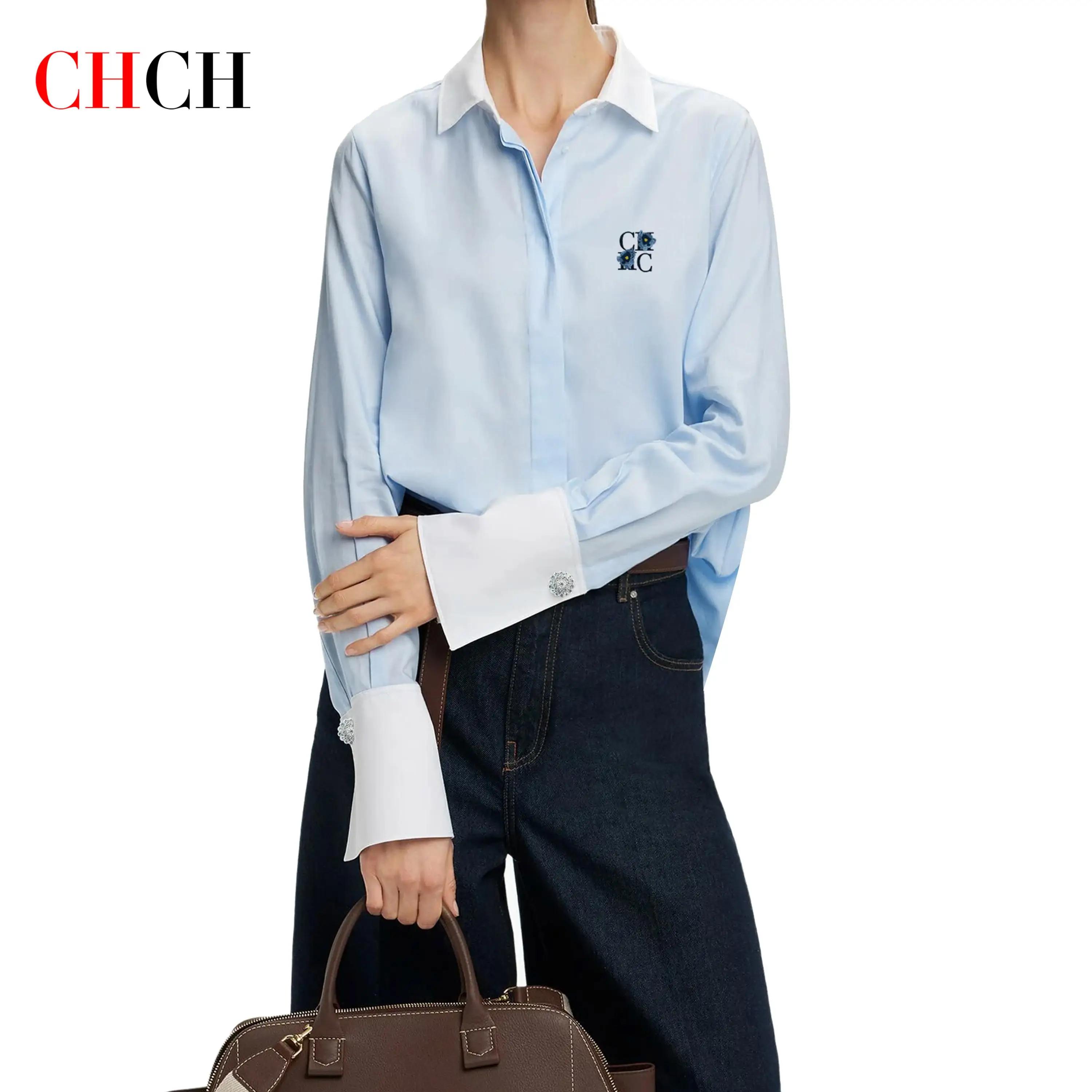 Chemise Simple pour femmes, Design d'épissure, broderie de fleurs, élégante et polyvalente, hauts ra