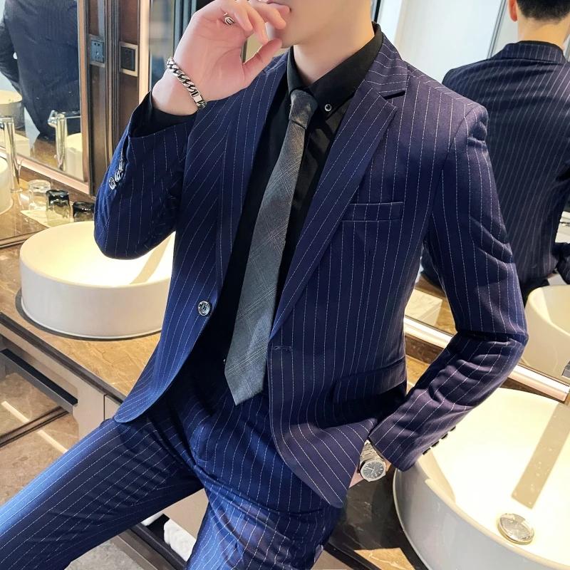 Ensemble de costume deux pièces pour hommes, coupe cintrée, de haute qualité, à rayures, pantalon et
