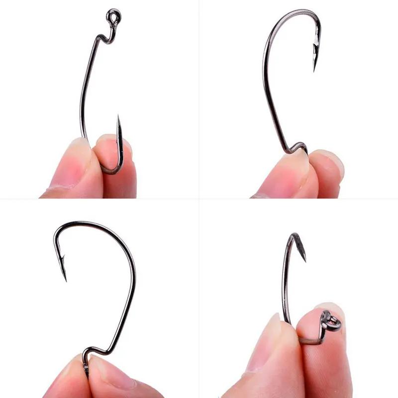 100 hameçons de pêche offset JYJ toutes tailles #5/0 à #8 - Acier carbone pour appâts souples grands yeux