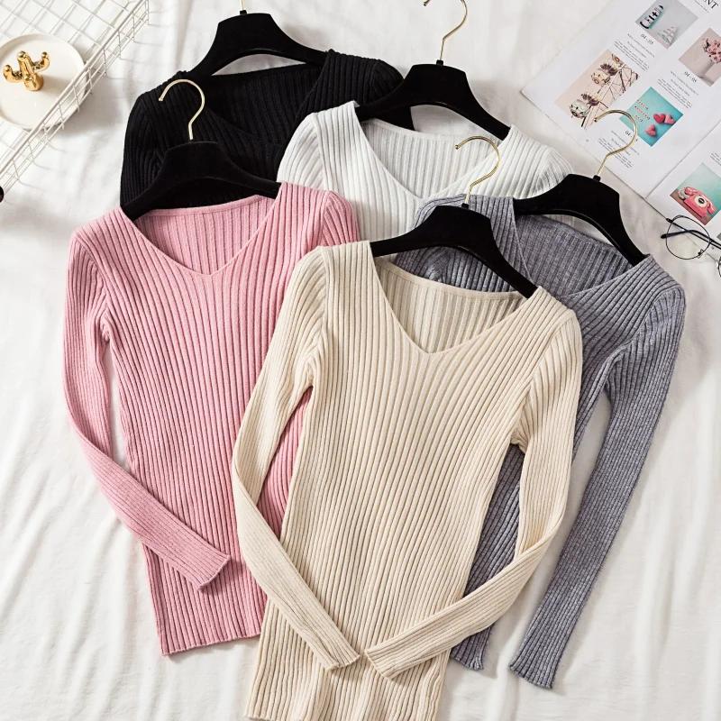 Automne hiver femmes chandails décontracté à manches longues tricoté col en V pull Femme basique sol