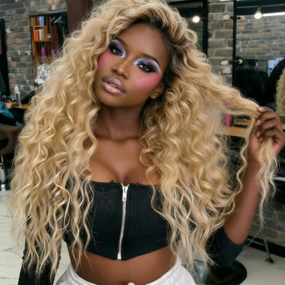 Perruques Lace Front 13x4 Ombré Blond avec Racines Colorées pour Femmes, Cheveux Humains Ondulés Pro