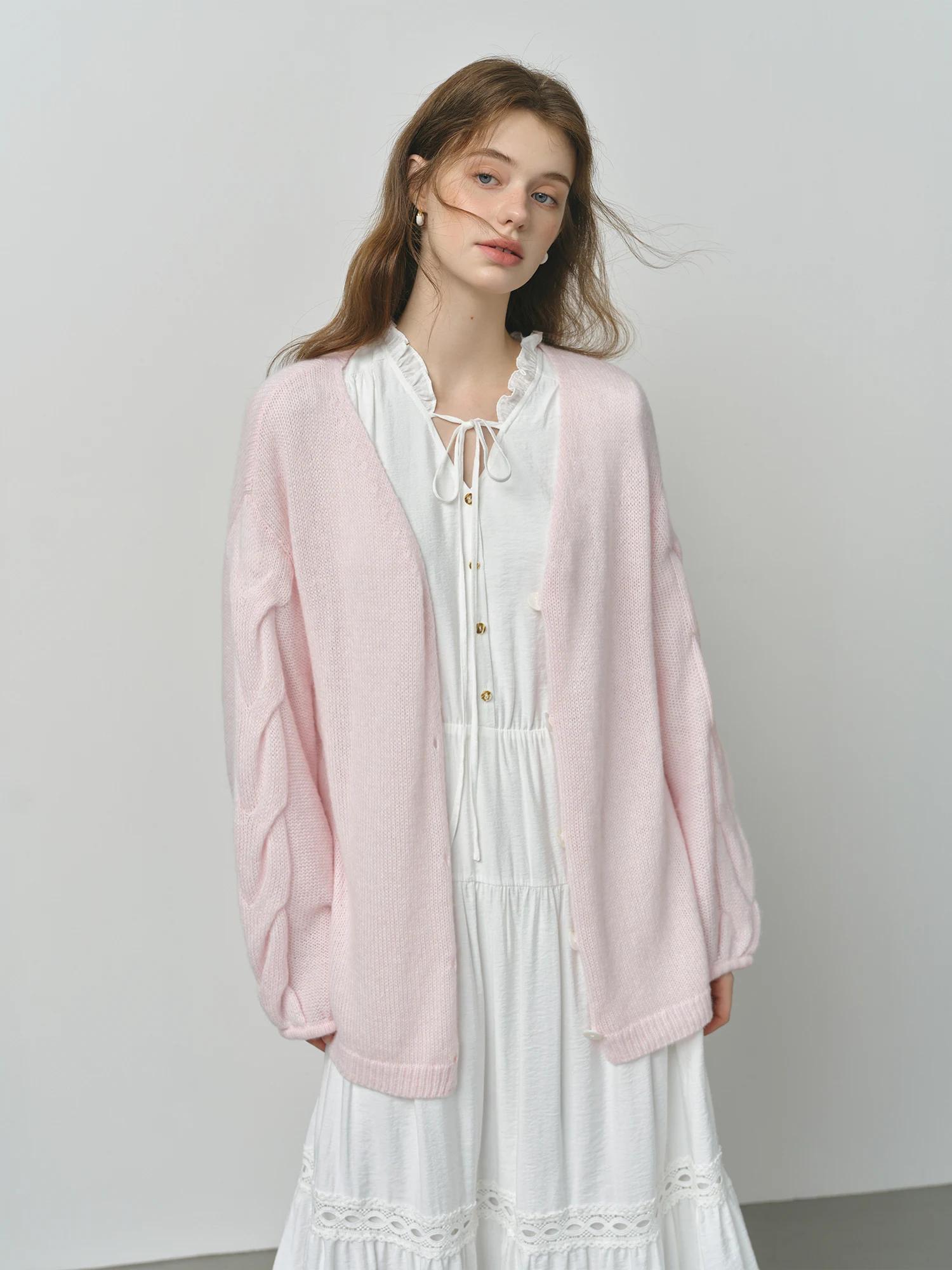 FSLE laine d'alpaga lâche paresseux câble tricoté col en v Cardigan veste femme automne 2025 nouveau