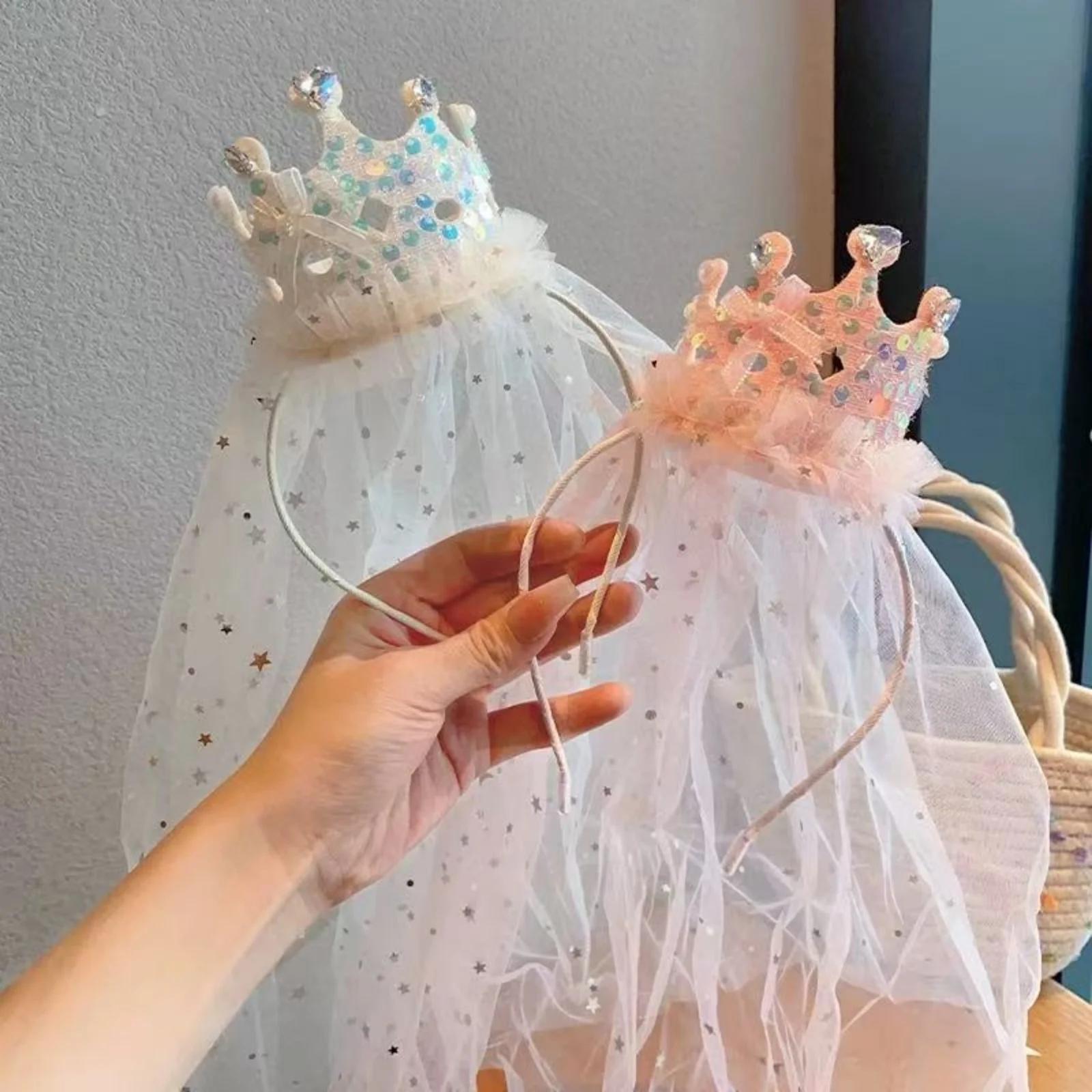Bandeaux en voile de couronne de princesse, accessoires pour cheveux en Tulle scintillant, couvre-ch