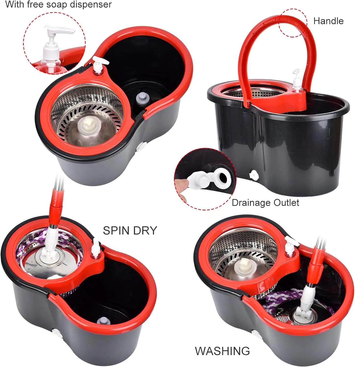 360 ° Ensembles de seaux à vadrouille rotative avec système d'essorage dans 3 têtes en microfibre,