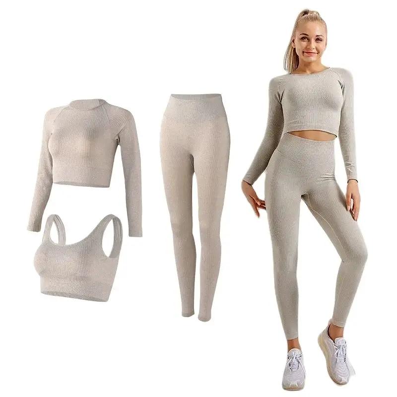 Ensemble yoga femme sans coutures legging brassière haut manches longues fitness